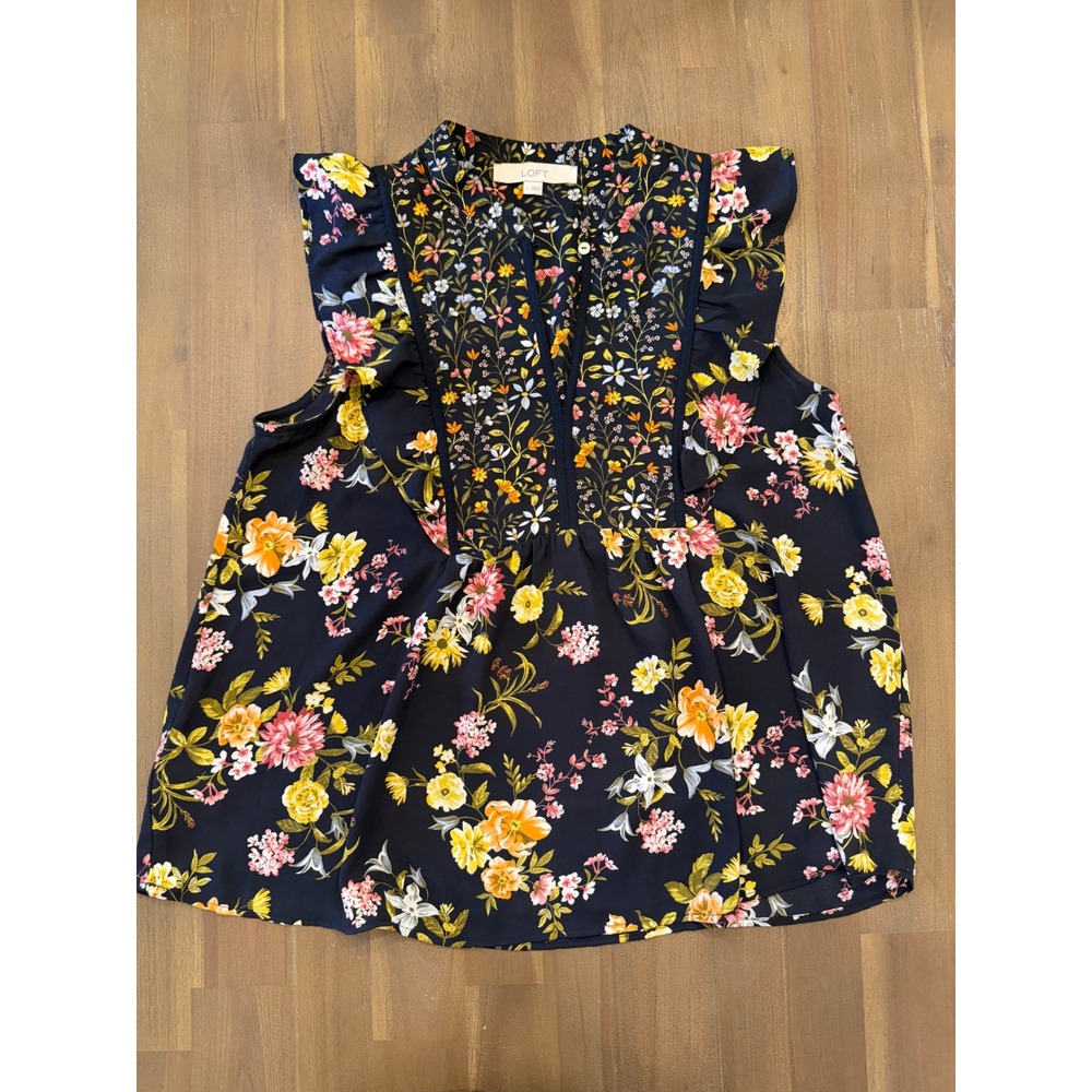 Loft Womens Navy Blue Floral Ruffle Sleeveless Blouse Size S Split Neck Top